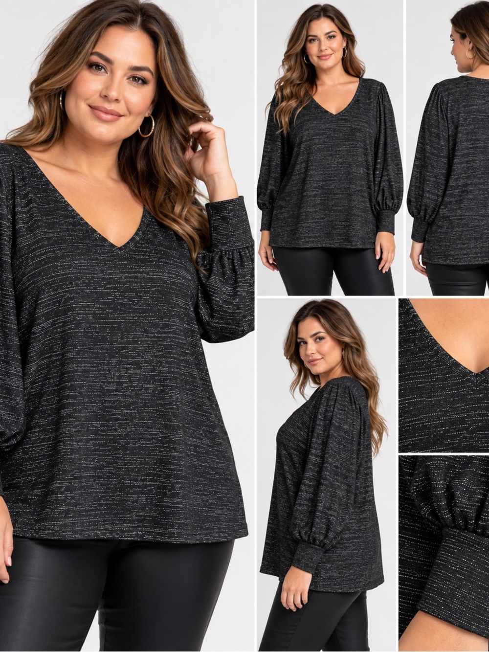Calvin Klein Black Metallic V-Neck Balloon Sleeve Tunic size 2XL